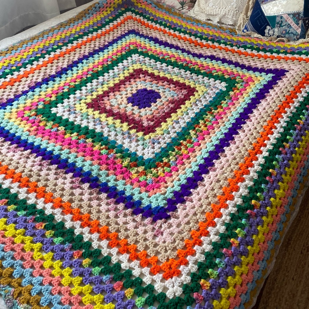 Vintage Boho Chic Hand Crocheted Afghan Throw Blanket  Multicolor Large 60”x62”